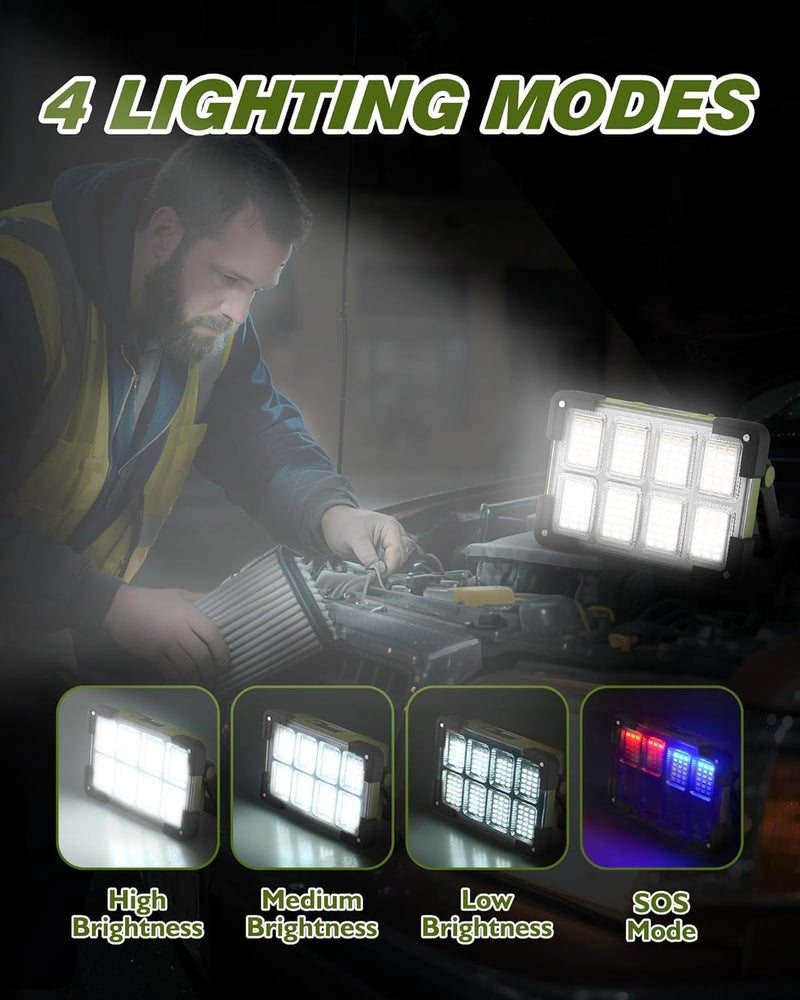DANCINGBOAR 120W Solar Rechargeable Work Light, Portable Flood Light with Stand, 144 LED 10000LM Led Work Light with 4 Modes, IP66 Waterproof Outdoor Working Light for Emergency Repair Mechanic Camping - Image 4